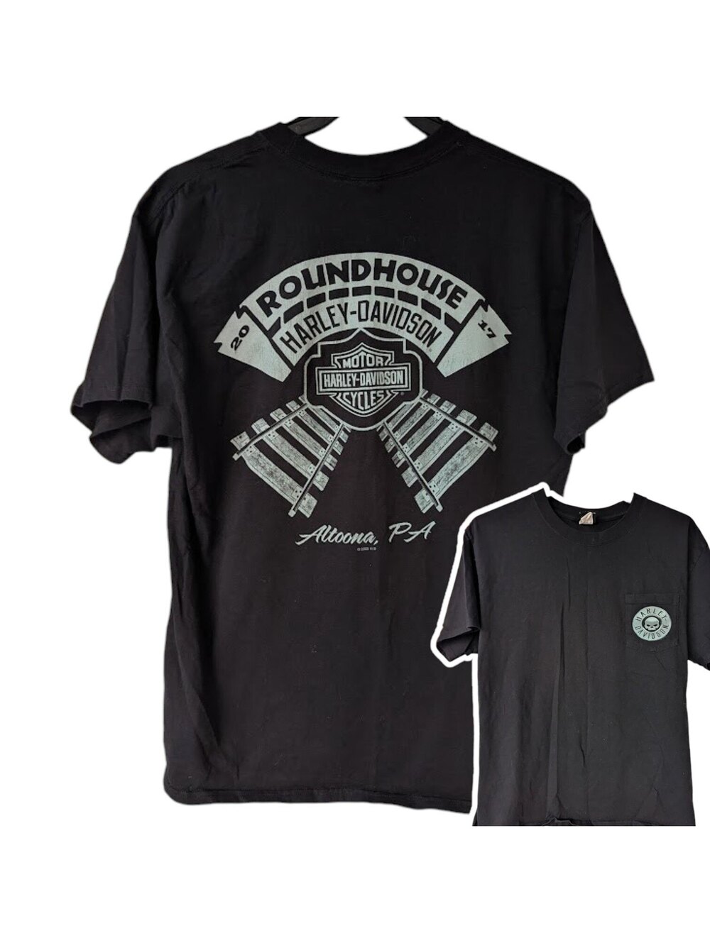 Harley-Davidson T-Shirt Train Men Large Altoona PA Roundhouse Pocket Tee 21.5x29